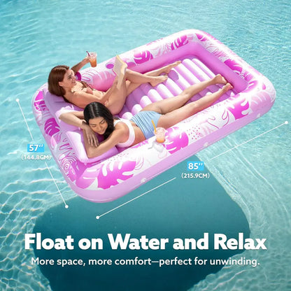 Extra Large Inflatable Pool Lounge Float – 4-in-1 Tanning Raft with Pillow & Cup Holder for Adults