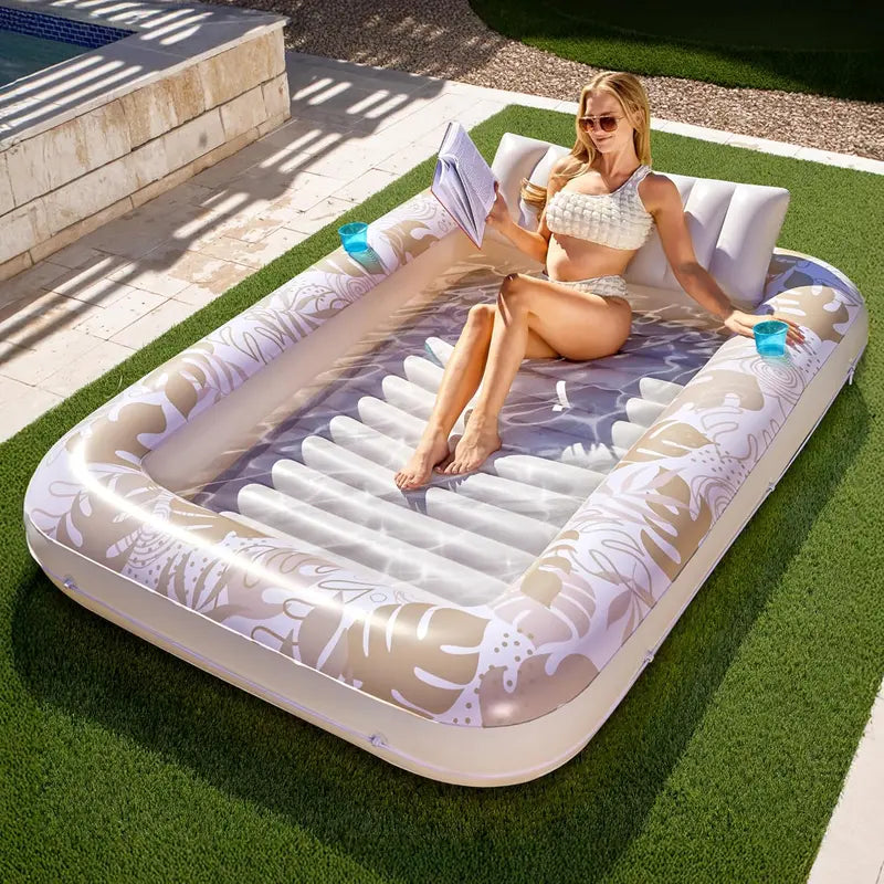 Extra Large Inflatable Pool Lounge Float – 4-in-1 Tanning Raft with Pillow & Cup Holder for Adults
