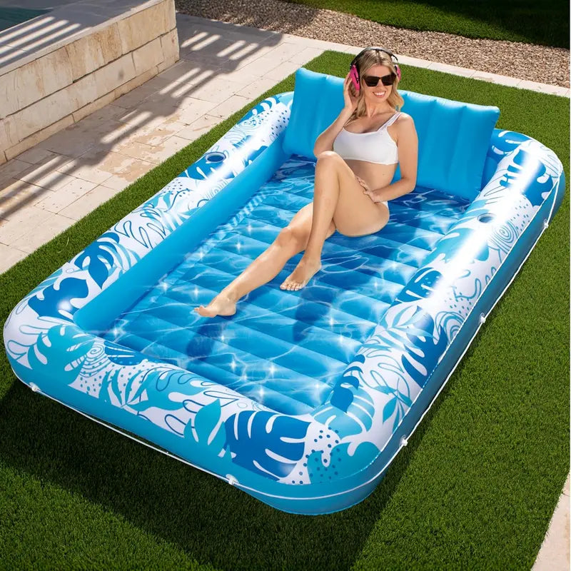 Extra Large Inflatable Pool Lounge Float – 4-in-1 Tanning Raft with Pillow & Cup Holder for Adults