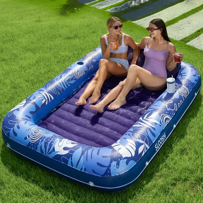 Extra Large Inflatable Pool Lounge Float – 4-in-1 Tanning Raft with Pillow & Cup Holder for Adults