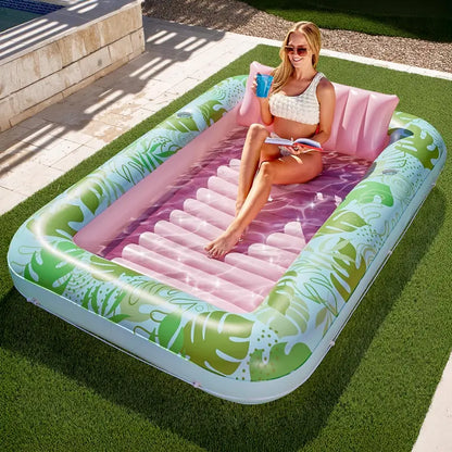 Extra Large Inflatable Pool Lounge Float – 4-in-1 Tanning Raft with Pillow & Cup Holder for Adults