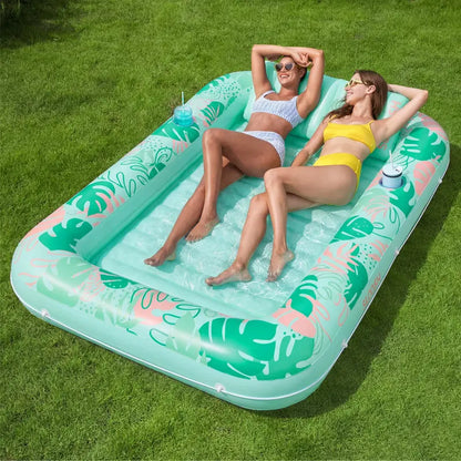 Extra Large Inflatable Pool Lounge Float – 4-in-1 Tanning Raft with Pillow & Cup Holder for Adults