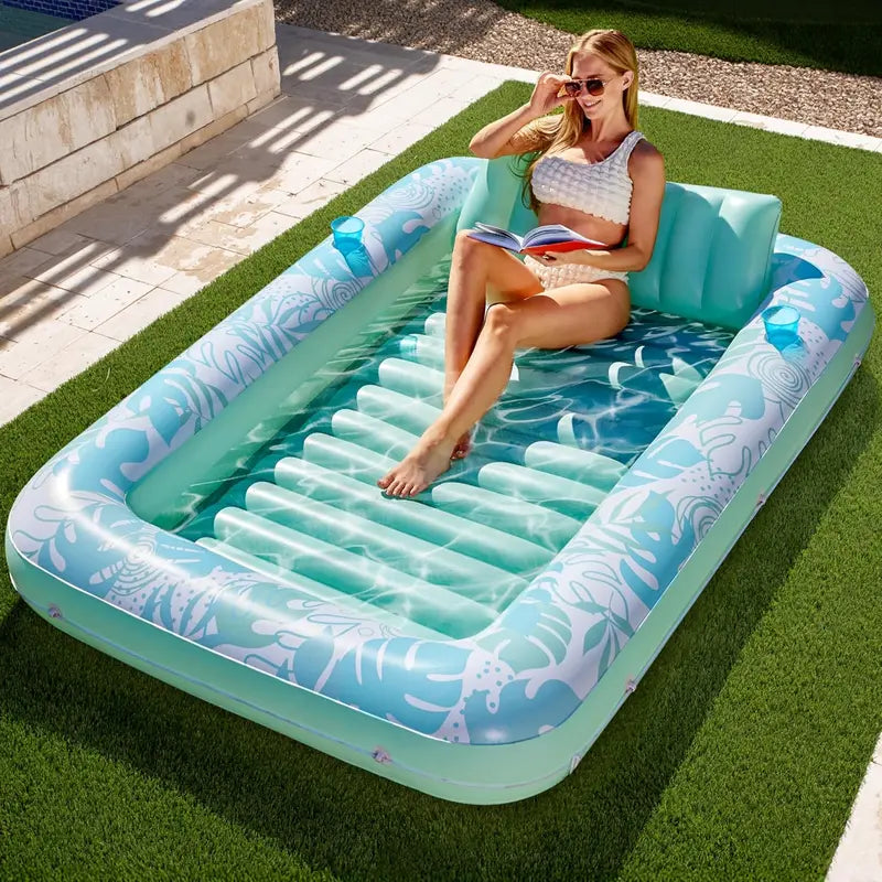 Extra Large Inflatable Pool Lounge Float – 4-in-1 Tanning Raft with Pillow & Cup Holder for Adults